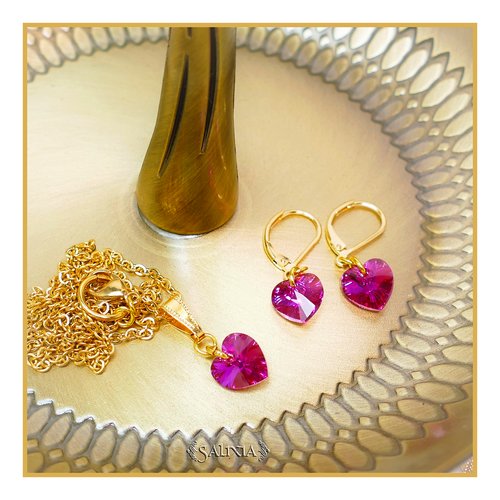 Parure "rosa"  coeurs cristal fuchsia chaîne acier inoxydable doré dormeuses dorées à l'or fin - option collier et bo séparés (#p95