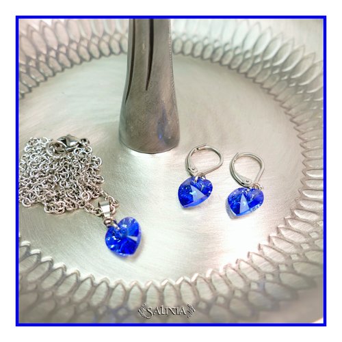 Parure "sephira" coeurs en cristal bleu saphir chaîne et dormeuses acier inoxydable - option collier et bo séparés (#p96)