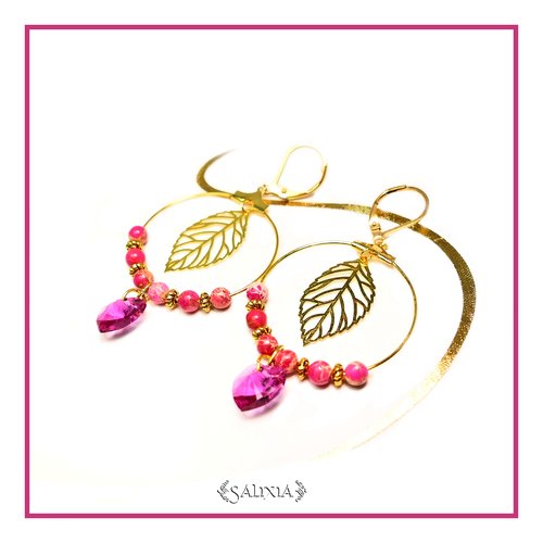 Boucles d'oreilles créoles coeur cristal perles de jaspe impérial dormeuses ou crochets en acier inoxydable doré au choix (#bo325)