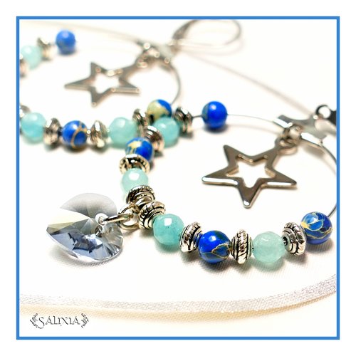 Boucles d'oreilles créoles coeur cristal perles de jaspe impérial et de jade dormeuses ou crochets en acier inoxydable (#bo326)