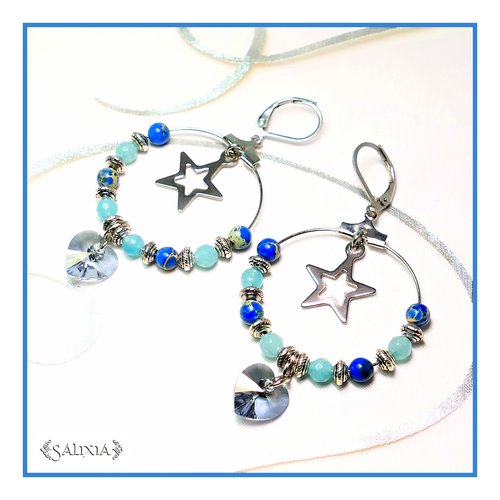 Boucles d'oreilles créoles coeur cristal perles de jaspe impérial et de jade dormeuses ou crochets en acier inoxydable (#bo326)