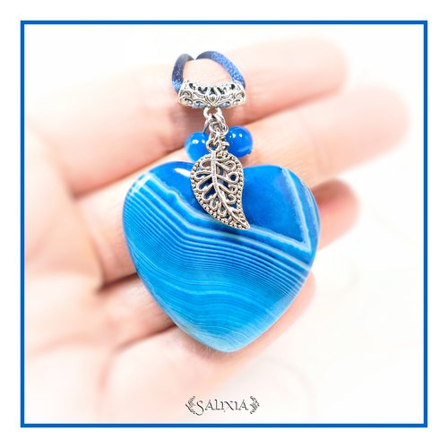 Pièce unique - collier pendentif pierre fine coeur d'agate striée cordon ou chaine acier inoxydable au choix (#c84)