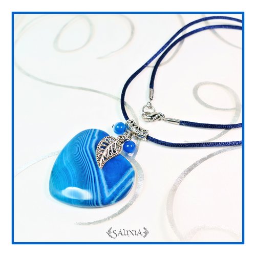 Pièce unique - collier pendentif pierre fine coeur d'agate striée cordon ou chaine acier inoxydable au choix (#c84)