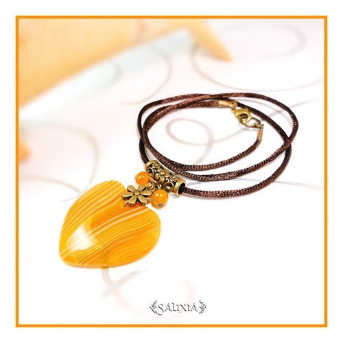 Pièce unique - collier pendentif coeur en pierre fine d'agate striée cordon ou chaine acier inoxydable doré au choix (#c85)