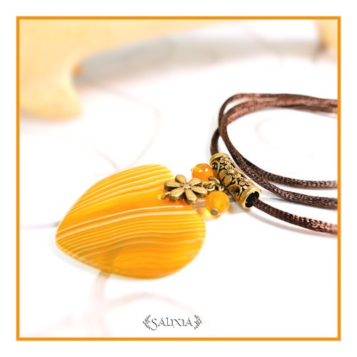 Pièce unique - collier pendentif coeur en pierre fine d'agate striée cordon ou chaine acier inoxydable doré au choix (#c85)