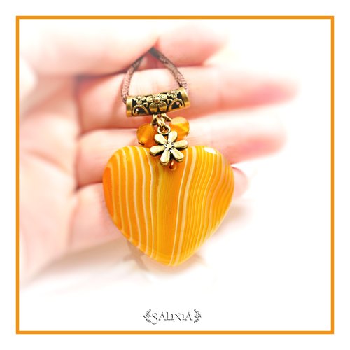 Pièce unique - collier pendentif coeur en pierre fine d'agate striée cordon ou chaine acier inoxydable doré au choix (#c85)