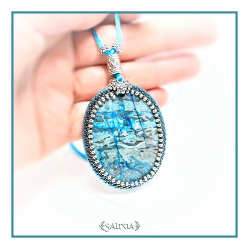 Pièce unique - collier pendentif cabochon en pierre fine de jaspe turquoise (#c86)