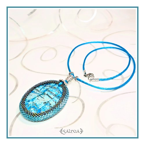 Pièce unique - collier pendentif cabochon en pierre fine de jaspe turquoise (#c86)