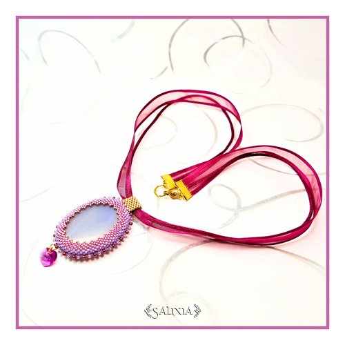 Pièce unique - collier pendentif cabochon en pierre fine d'agate striée lavande (#c87)
