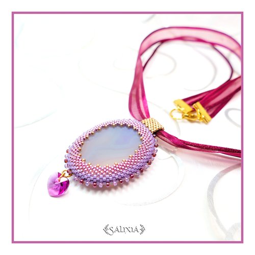 Pièce unique - collier pendentif cabochon en pierre fine d'agate striée lavande (#c87)