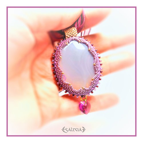 Pièce unique - collier pendentif cabochon en pierre fine d'agate striée lavande (#c87)