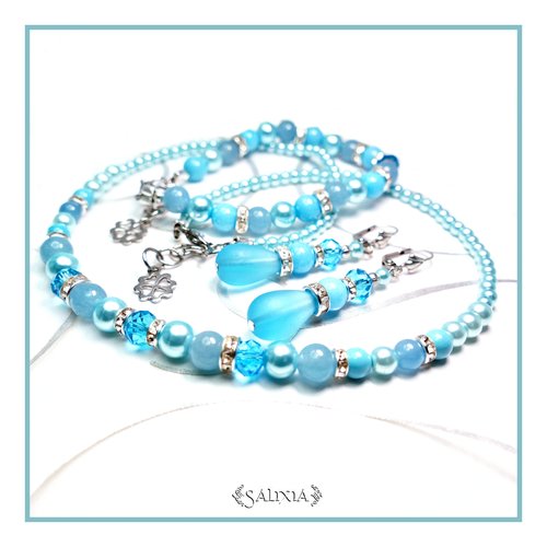 Collier victoria bleu pierres fines quartz bleu turquoises naturelles cristal et acier inoxydable (#c90 p99)