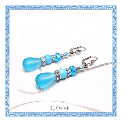 Boucles d'oreilles "victoria" bleu turquoise pierres fines de jade et cristal dormeuses ou crochets au choix (#bo331 p99)