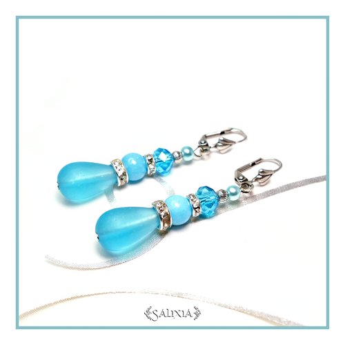 Boucles d'oreilles "victoria" bleues cristal turquoise pierres fines de jade dormeuses ou crochets au choix (#bo331 p99)