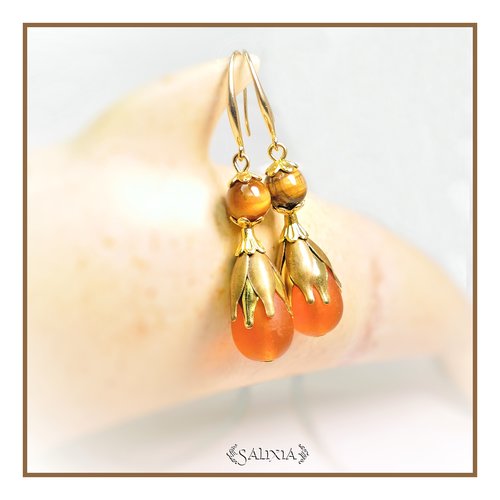 Boucles d'oreilles pierres fines d'oeil de tigre gouttes sea glass crochets dorés à l'or fin ou en acier inoxydable doré (#bo329)