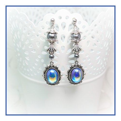 Boucles d'oreilles victoriennes en laiton plaqué argent cabochon saphir aurore boréale dormeuses ou crochets en option(#bo335)