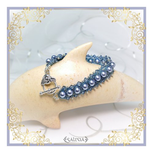 Bracelet "blue denim" tissé à l'aiguille perles japonaises cristal et perles bleues toggle ou mousqueton au choix (#pl11)