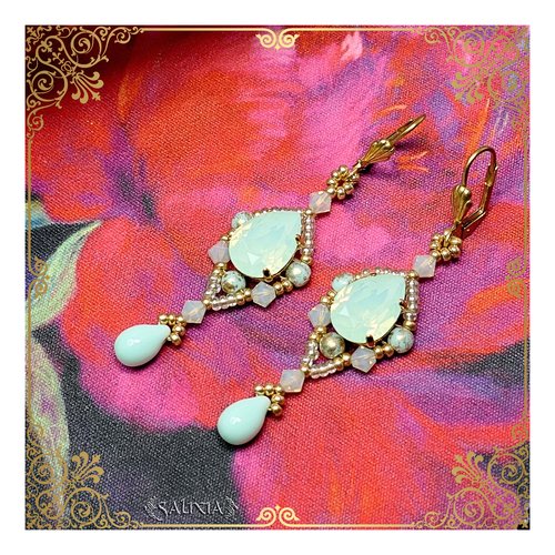 Vendues - boucles d'oreilles style victorien cabochons cristal vert opale dormeuses ou crochets au choix (#bo337)