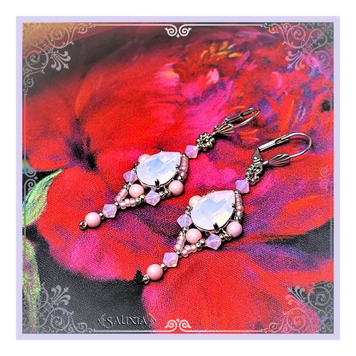 Boucles d'oreilles style victorien, cabochons en cristal rose opale dormeuses ou crochets au choix (#bo340)
