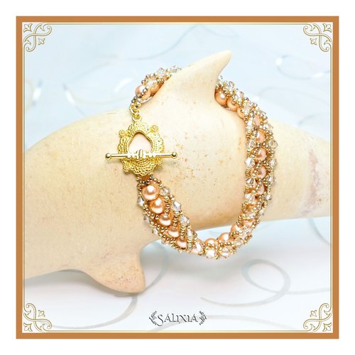 Bracelet tissé à l'aiguille perles japonaises cristal topaze perles rose pêche toggle ou mousqueton au choix (#sp18)