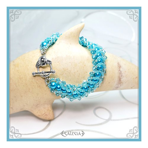 Bracelet tissé à l'aiguille perles japonaises cristal et perles turquoise toggle ou mousqueton au choix (#sp19)
