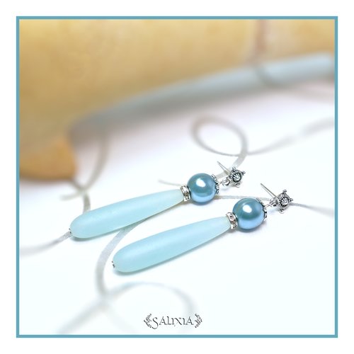 Boucles d'oreilles gouttes sea glass bleu tendre puces crochets ou dormeuses au choix (#bo351)