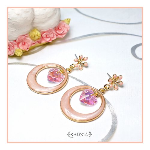 Boucles d'oreilles cléa coeurs cristal rose puces ou crochets au choix (#bo342)