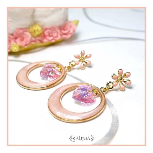 Boucles d'oreilles cléa coeurs cristal rose puces ou crochets au choix (#bo342)