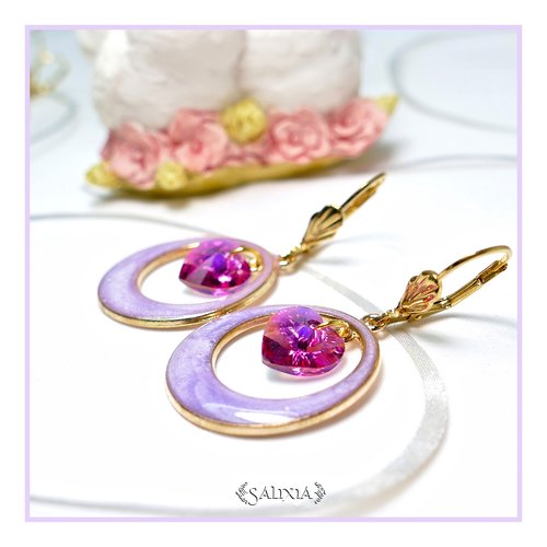 Boucles d'oreilles cléa coeurs cristal fuchsia dormeuses ou crochets au choix (#bo344)