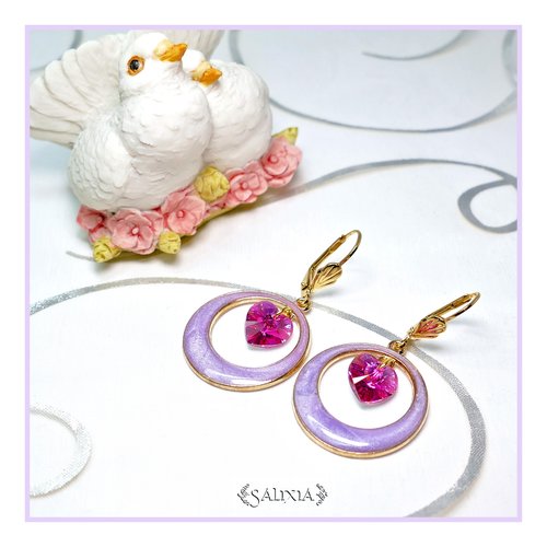 Boucles d'oreilles cléa coeurs cristal fuchsia dormeuses ou crochets au choix (#bo344)