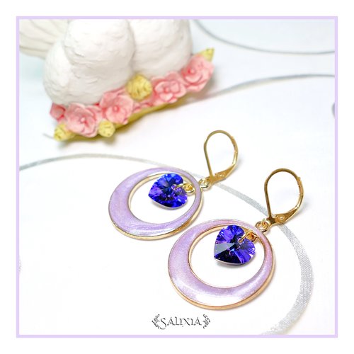 Boucles d'oreilles cléa coeurs cristal violet dormeuses ou crochets au choix (#bo345)