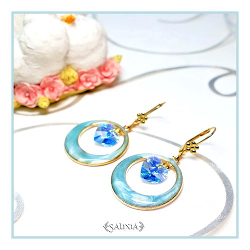 Boucles d'oreilles cléa coeurs cristal bleu aquamarine dormeuses ou crochets au choix (#bo346)