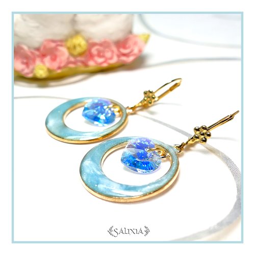 Boucles d'oreilles cléa coeurs cristal bleu aquamarine dormeuses ou crochets au choix (#bo346)