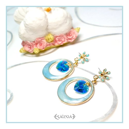 Boucles d'oreilles cléa coeurs cristal bleu puces ou crochets au choix (#bo347)
