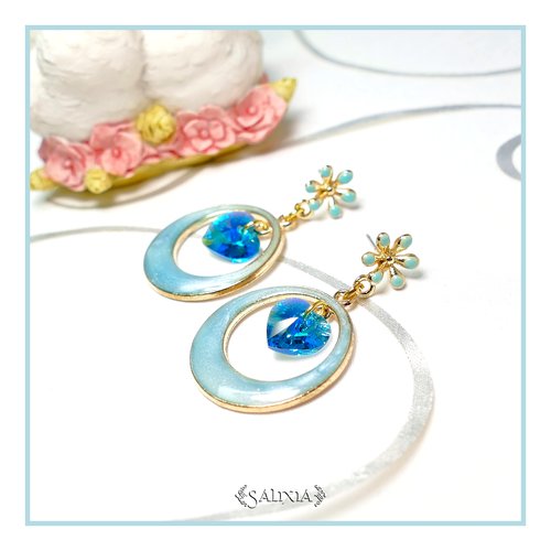 Boucles d'oreilles cléa coeurs cristal bleu puces ou crochets au choix (#bo347)
