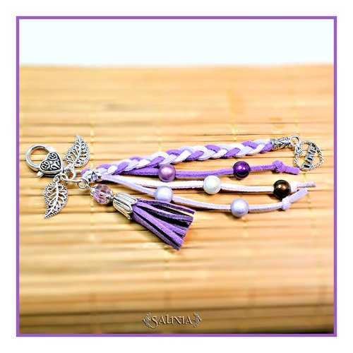 Bijou de sac - porte clefs lavande coeur love pompon perles magiques et cristal violet (#bds4)