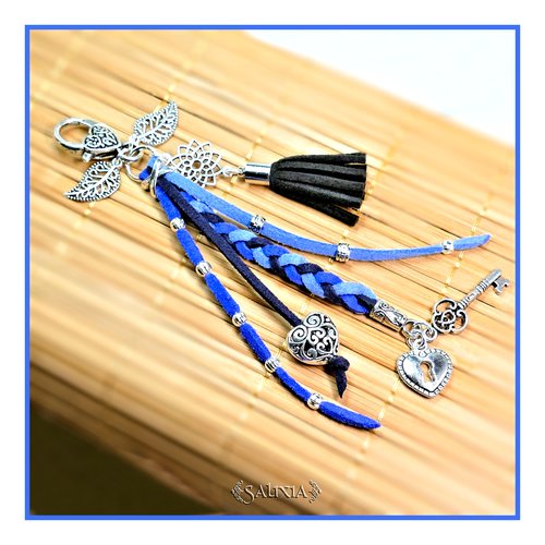 Bijou de sac - porte clefs coeur rosace mandala feuilles argent pompon noir (#bds5)