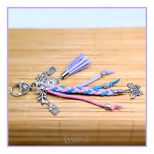 Bijou de sac - porte clefs papillon chouette feuille argent pompon lavande (#bds8)