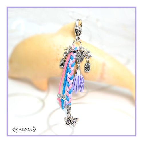 Bijou de sac - porte clefs papillon chouette feuille argent pompon lavande (#bds8)
