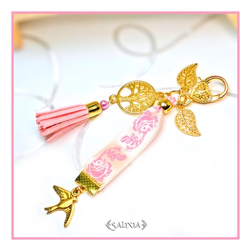 Bijou de sac - porte clefs arbre de vie feuille hirondelle fleur rose dorés pompon rose poudré (#bds9)