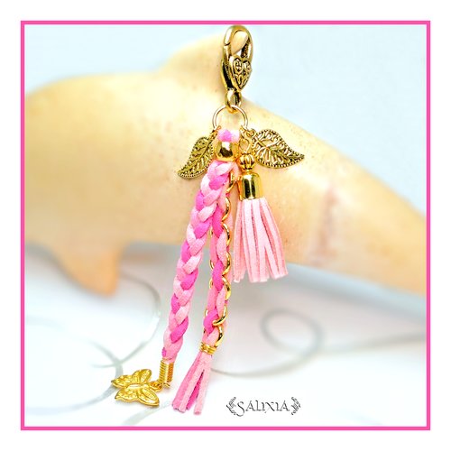 Bijou de sac - porte clefs papillon feuilles dorés pompon rose poudré (#bds10)