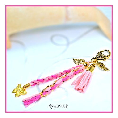 Bijou de sac - porte clefs papillon feuilles dorés pompon rose poudré (#bds10)
