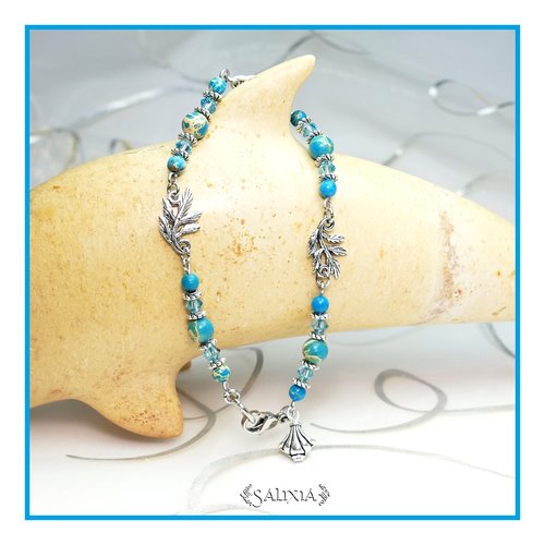 Bracelet "maya" bleu cristal et pierres fines de jaspe océan acier inoxydable (#bc74 p103)