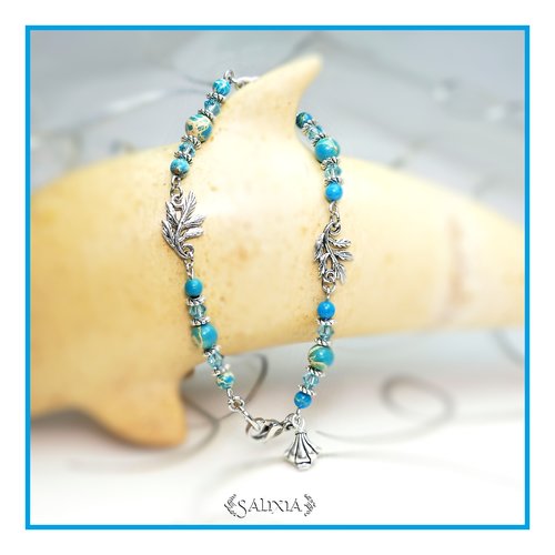 Bracelet "maya" bleu cristal et pierres fines de jaspe océan acier inoxydable (#bc74 p103)