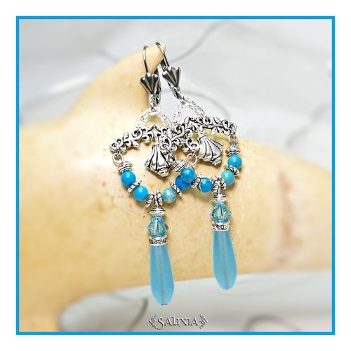 Boucles d'oreilles "maya" bleues cristal et pierres fines de jaspe océan dormeuses ou crochets en acier inoxydable au choix (#bo353 p103)