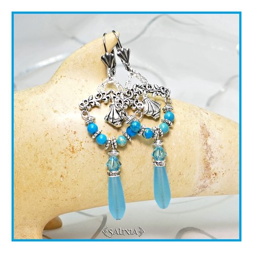 Boucles d'oreilles "maya" bleues cristal et pierres fines de jaspe océan dormeuses ou crochets en acier inoxydable au choix (#bo353 p103)
