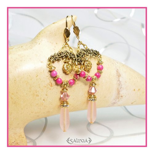 Boucles d'oreilles "maya" rose cristal et pierres fines de jaspe océan dormeuses ou crochets en acier inoxydable doré (#bo354 p104)