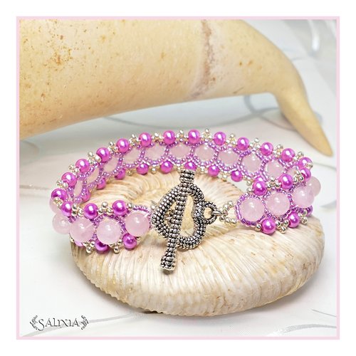 Bracelet tissé à l'aiguille quartz rose perles fuchsia toggle coeur ou mousqueton en acier inoxydable (#pl12)