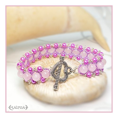 Bracelet tissé à l'aiguille quartz rose perles fuchsia toggle coeur ou mousqueton en acier inoxydable (#pl12)