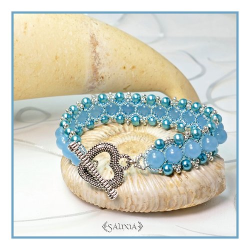 Bracelet tissé à l'aiguille quartz bleu perles turquoise toggle coeur ou mousqueton en acier inoxydable (#pl13)